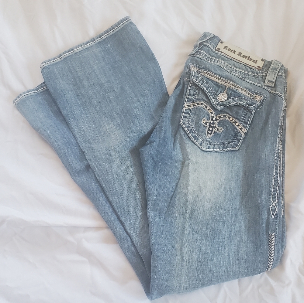 Rock Revival Sasha Blue Denim Flare Bootcut Jeans Distressed Sz 27